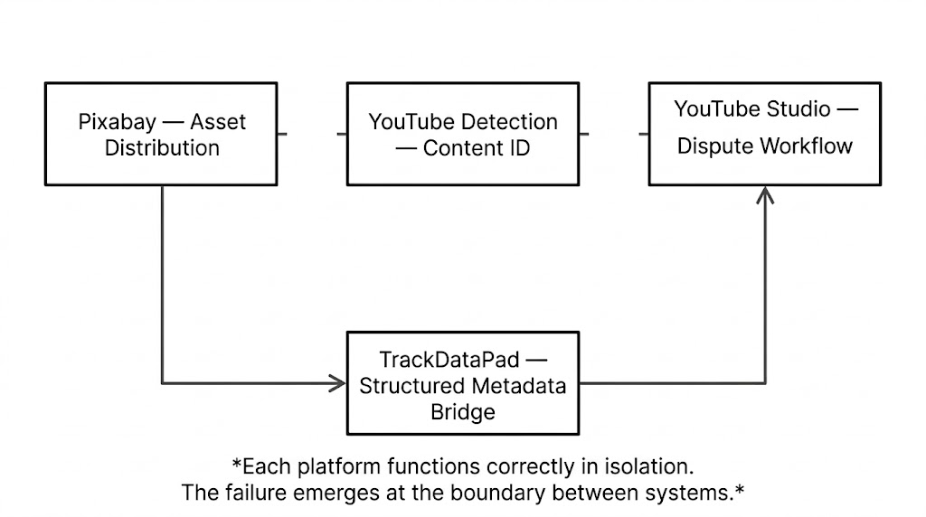 Diagram showing Pixabay asset distribution, YouTube Content ID detection, and YouTube Studio dispute workflow, with TrackDataPad acting as a structured metadata bridge between systems